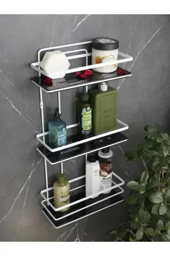 Paslanmaz Lif Askılıklı Kristal Raflı Üçlü Banyo Ve Kozmetik Düzenleyici Beyaz Banyo Rafı Şampuanlık-BEYAZ - 1