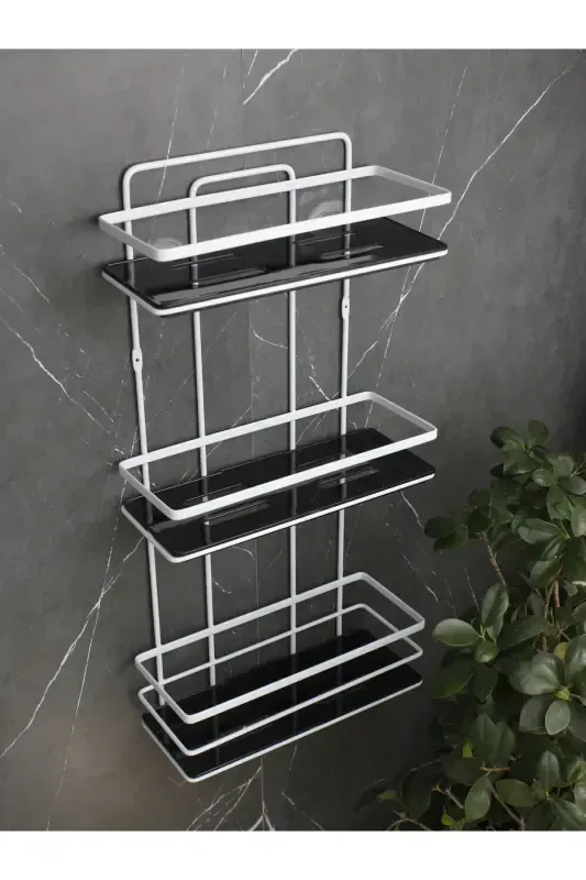 Paslanmaz Lif Askılıklı Kristal Raflı Üçlü Banyo Ve Kozmetik Düzenleyici Beyaz Banyo Rafı Şampuanlık-BEYAZ - 2