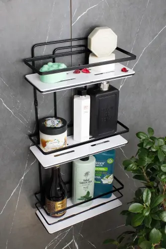 Kristal Raflı Paslanmaz Üçlü Lamalı Banyo Ve Kozmetik Düzenleyici Siyah Banyo Rafı Şampuanlık - SİYAH - Beyaz Raf - HIMYHOME (1)