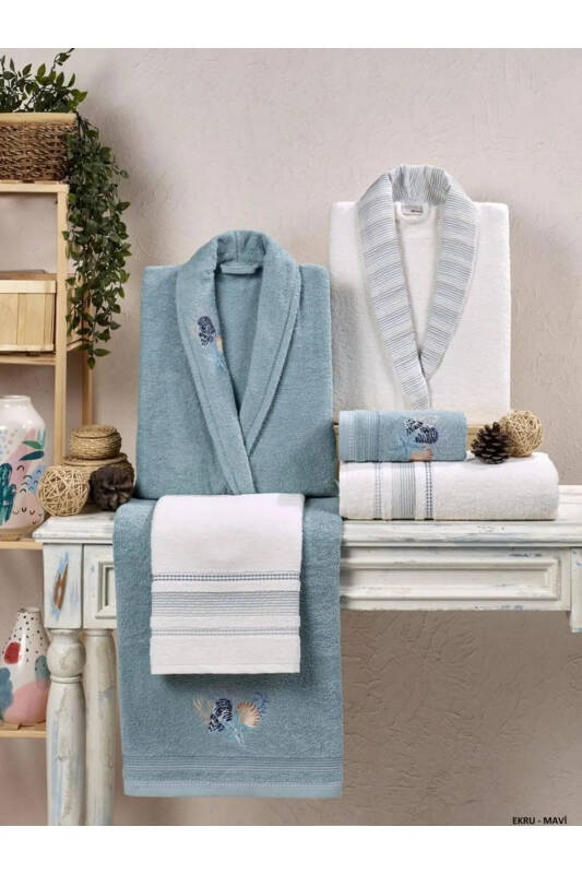 Kristal Soft Cotton Embroidered 6 Piece Family Bathrobe Set Ecru-blue - 1