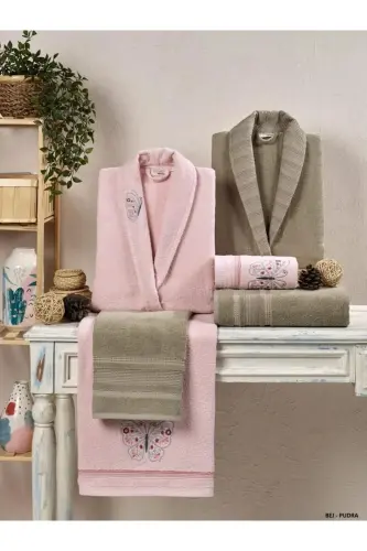 Kristal Soft Cotton Nakshli 6 Parça Oile Bornoz Takımı Bej-pudra-Bej Pudra 