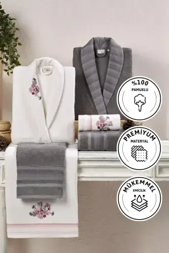 Kristal Soft Cotton Naqshli 6 Parça Oila Xalatlar To'plami - Antratsit - Ekru-Antratsit Ekru - 1