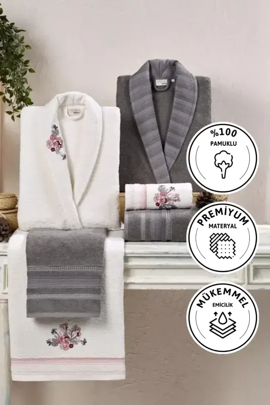 Kristal Soft Cotton Naqshli 6 Parça Oila Xalatlar To'plami - Antratsit - Ekru-Antratsit Ekru - 1