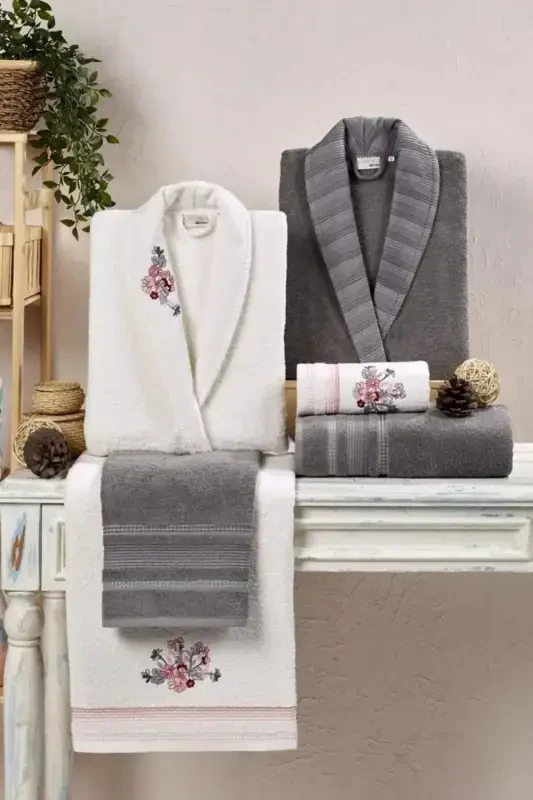 Kristal Soft Cotton Naqshli 6 Parça Oila Xalatlar To'plami - Antratsit - Ekru-Antratsit Ekru - 2