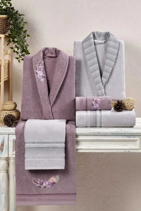 Kristal Soft Cotton Nakışlı 6 Parça Aile Bornoz Takımı - Gri - Leylak-Gri Leylak - 2