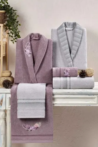 Kristal Soft Cotton Bornoz Takımı Gri Leylak-Gri Leylak - TAÇ (1)