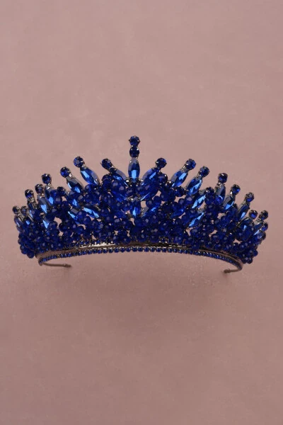 Kristal Taşlı Boncuk Süslemeli Gelin Kına düğün Tacı Lacivert-Lacivert - 12