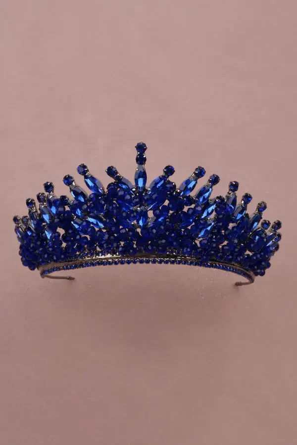 Kristal Taşlı Boncuk Süslemeli Gelin Kına düğün Tacı Lacivert-Lacivert - 4