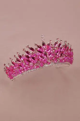 Kristal Taşlı Boncuk Süslemeli Gelin Kına düğün Tacı Pembe - Pembe - 6