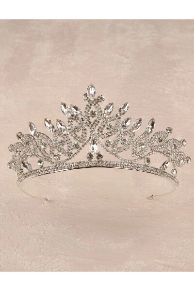 Kristal Taşlı Gelin Kraliçe Tacı Parlak Prenses Tacı Gelin Düğün Tacı Gümüş-Gümüş - Modazone (1)
