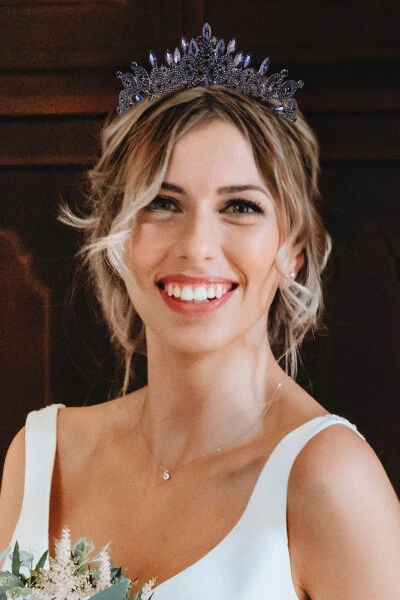 Kristal Taşlı Gelin Kraliçe Tacı Parlak Prenses Tacı Gelin Düğün Tacı Mavi-Mavi - Modazone