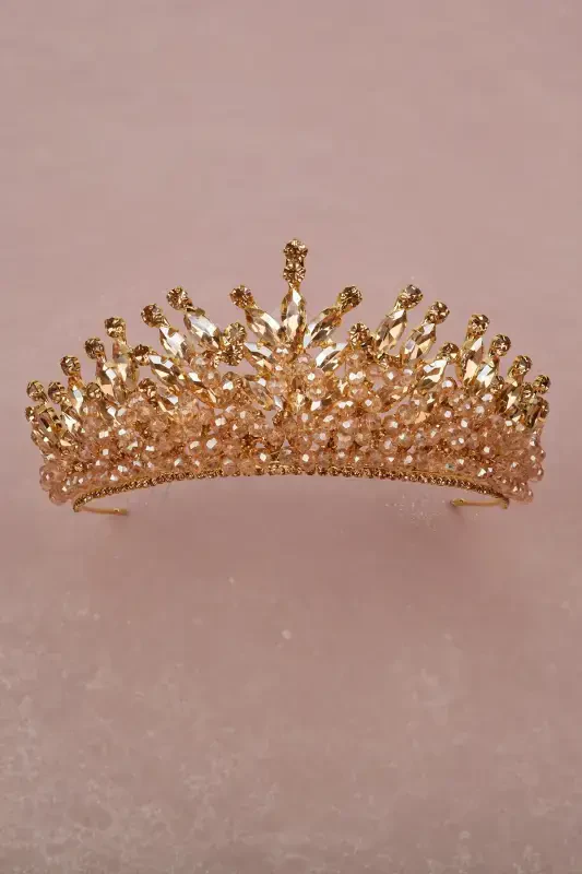 Kristal Toshli Boncuk Suslamali Gelin Qina to'y Toji Gold-Gold - LIMELIA