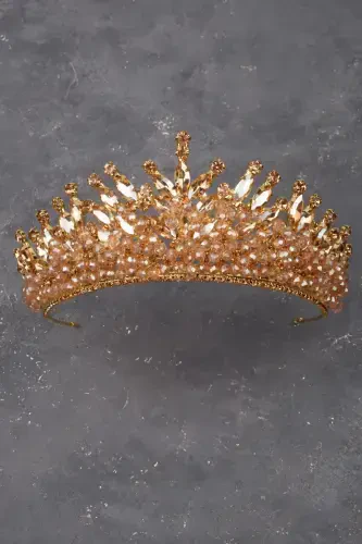 Kristal Toshli Boncuk Suslamali Gelin Qina to'y Toji Gold-Gold - LIMELIA (1)