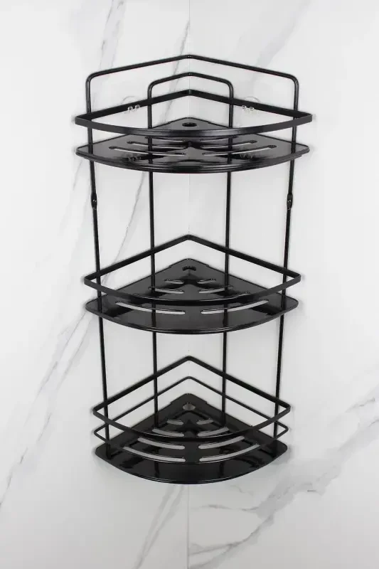 Кристалл Полки Нержавеющая Сталь Черная Лама Тройной Шампунь Липучка Ванная Комната Органайзер Угловая Полка-ЧЕРНЫЙ - 2