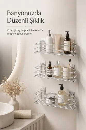 Krom 3’lü TŞ01 Şampuanlık Raf Seti Yapışkanlı Banyo Rafı Duş Rafı Organizer - Krom - 1