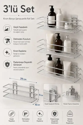 Krom 3’lü TŞ01 Şampuanlık Raf Seti Yapışkanlı Banyo Rafı Duş Rafı Organizer - Krom - ALPER BANYO (1)