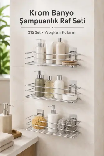 Krom 3’lü TŞ01 Şampuanlık Raf Seti Yapışkanlı Banyo Rafı Duş Rafı Organizer - Krom - 3