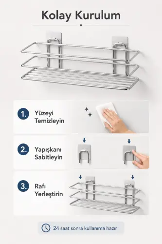 Krom 3’lü TŞ01 Şampuanlık Raf Seti Yapışkanlı Banyo Rafı Duş Rafı Organizer - Krom - 4