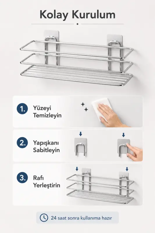 Krom 3’lü TŞ01 Şampuanlık Raf Seti Yapışkanlı Banyo Rafı Duş Rafı Organizer - Krom - 4