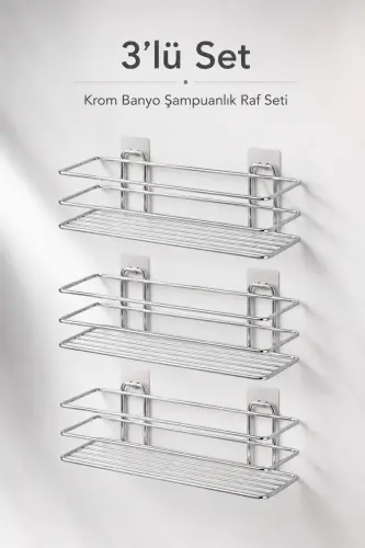 Krom 3’lü TŞ01 Şampuanlık Raf Seti Yapışkanlı Banyo Rafı Duş Rafı Organizer - Krom - 6