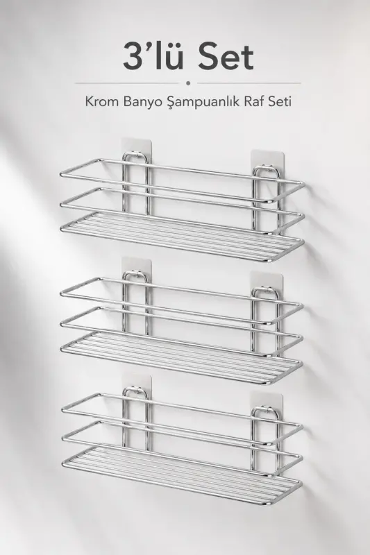Krom 3’lü TŞ01 Şampuanlık Raf Seti Yapışkanlı Banyo Rafı Duş Rafı Organizer - Krom - 6