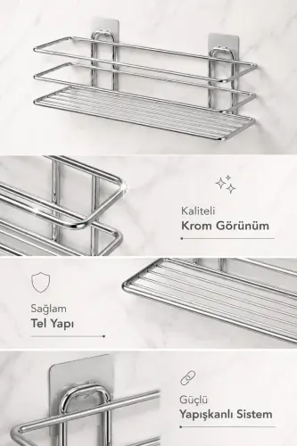 Krom 3’lü TŞ01 Şampuanlık Raf Seti Yapışkanlı Banyo Rafı Duş Rafı Organizer - Krom - 7