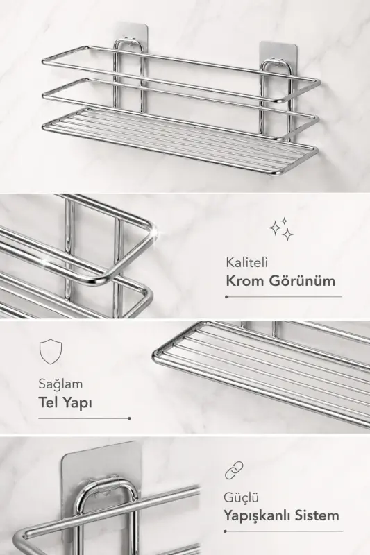 Krom 3’lü TŞ01 Şampuanlık Raf Seti Yapışkanlı Banyo Rafı Duş Rafı Organizer - Krom - 7