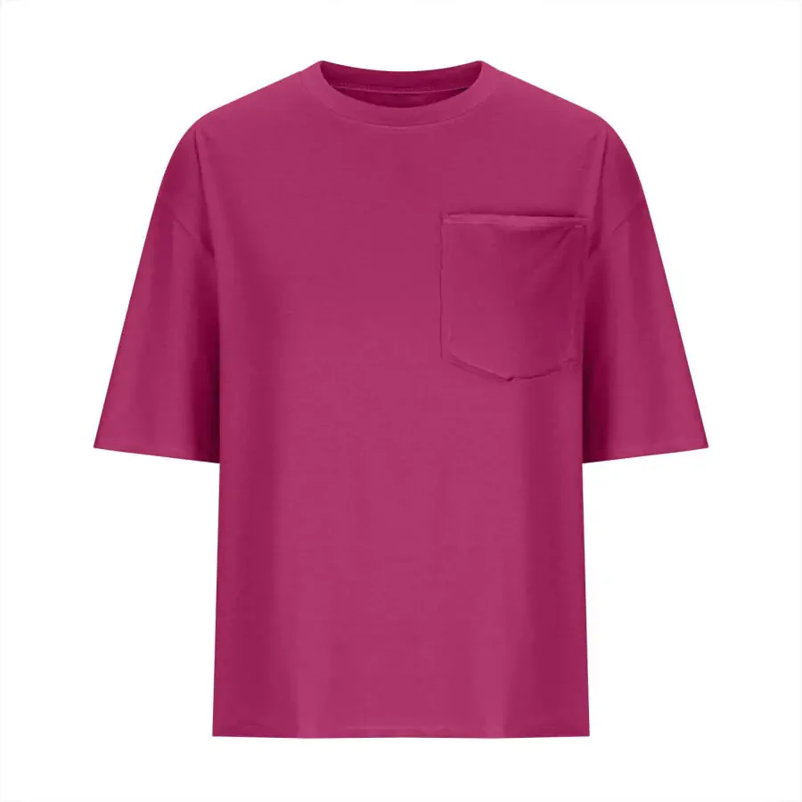 Кроп-топы для женщин, модные футболки с коротким рукавом и круглым вырезом, свободного кроя с карманами. - 6