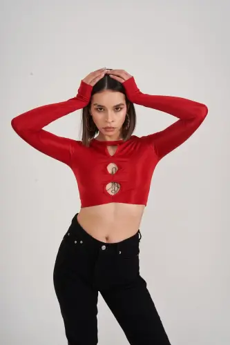 Круглый вырез, длинный рукав, деталь на груди, укороченная блузка Frank, красный - красный - 4