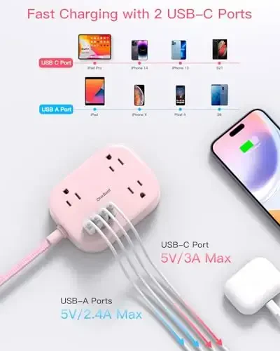 Kruiz kemasi uchun zarur narsalar, USB C bilan sayohat uchun elektr uzatgich, tekis vilka uzaytirgichi 10 FT 3 rozetka 4 USB porti (2 USB C), stol devori rozetka kengaytirgichi, kruiz, yotoqxona, ETL, pushti uchun kuchlanishdan himoya qilmaydigan - 5