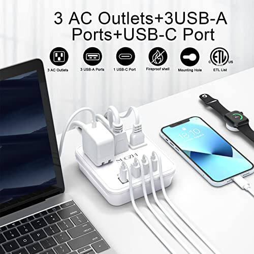 Kruiz zaruriyatlari, 3 rozetka va 4 USB porti (1 USB C) bilan 6 Ft quvvat simi, kruiz kemasi, sayohat, uy ofisi uchun o'zgaruvchan tok himoyasisiz, ETL ro'yxatga olingan, oq - 2