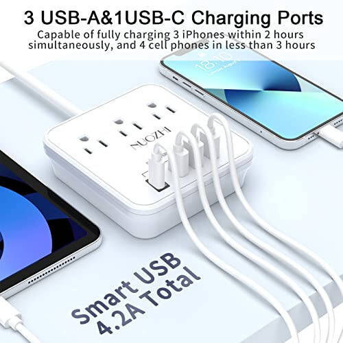 Kruiz zaruriyatlari, 3 rozetka va 4 USB porti (1 USB C) bilan 6 Ft quvvat simi, kruiz kemasi, sayohat, uy ofisi uchun o'zgaruvchan tok himoyasisiz, ETL ro'yxatga olingan, oq - 4