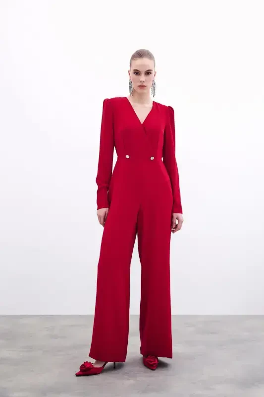 Круизный комбинезон из крепа с декоративными камнями - Красный-КРАСНЫЙ - 2