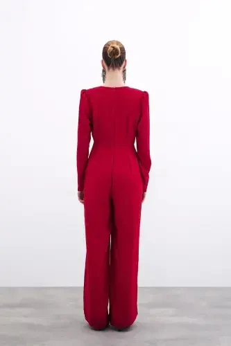 Круизный комбинезон из крепа с декоративными камнями - Красный-КРАСНЫЙ - 7