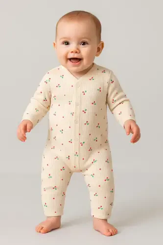 Крутой комбинезон для новорожденных девочек с вишневым принтом, 100% хлопок, эластичный, 1-3-6 месяцев - EKRU KİRAZLI - 1