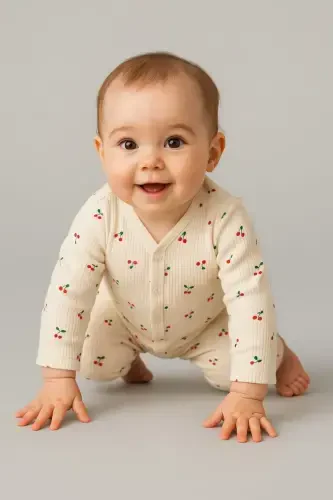 Крутой комбинезон для новорожденных девочек с вишневым принтом, 100% хлопок, эластичный, 1-3-6 месяцев - EKRU KİRAZLI - DINAMIK ÇOCUK (1)