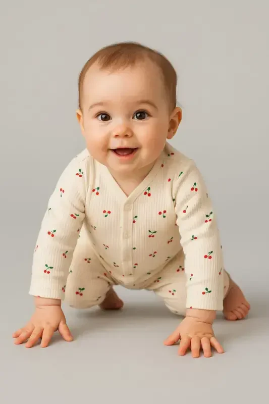 Крутой комбинезон для новорожденных девочек с вишневым принтом, 100% хлопок, эластичный, 1-3-6 месяцев - EKRU KİRAZLI - 2