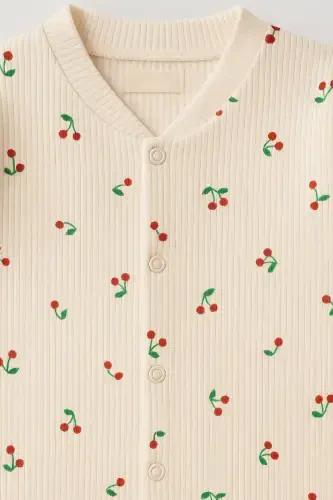 Крутой комбинезон для новорожденных девочек с вишневым принтом, 100% хлопок, эластичный, 1-3-6 месяцев - EKRU KİRAZLI - 3