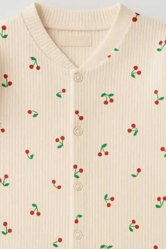Крутой комбинезон для новорожденных девочек с вишневым принтом, 100% хлопок, эластичный, 1-3-6 месяцев - EKRU KİRAZLI - 3
