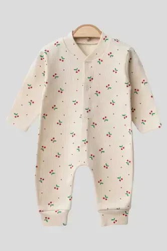 Крутой комбинезон для новорожденных девочек с вишневым принтом, 100% хлопок, эластичный, 1-3-6 месяцев - EKRU KİRAZLI - 4