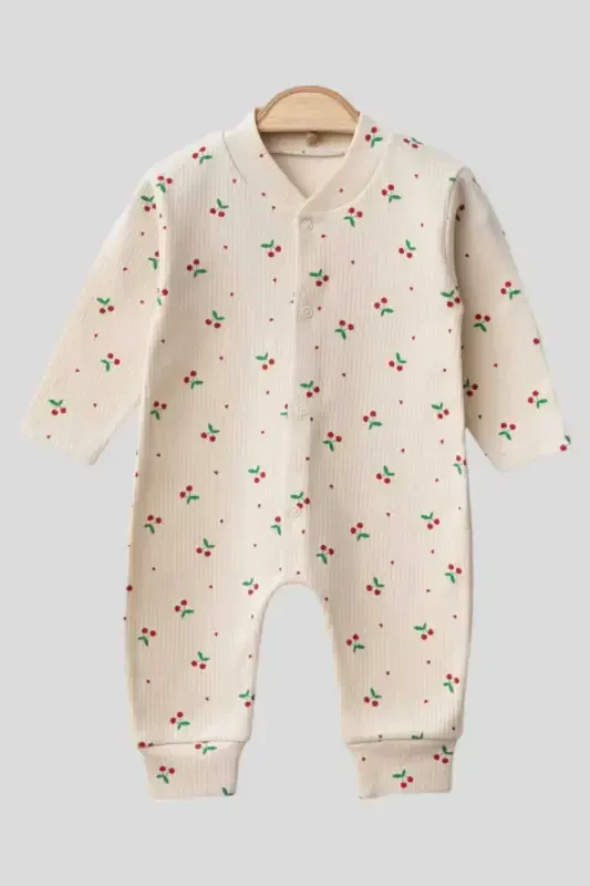 Крутой комбинезон для новорожденных девочек с вишневым принтом, 100% хлопок, эластичный, 1-3-6 месяцев - EKRU KİRAZLI - 4