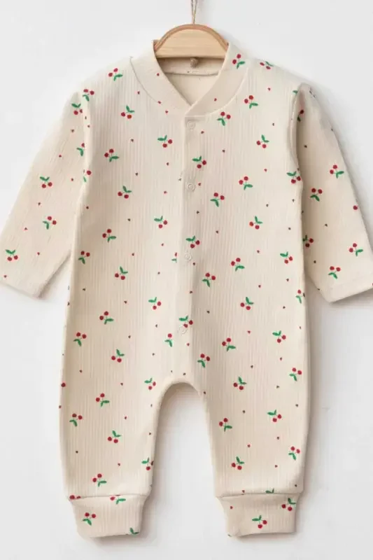 Крутой комбинезон для новорожденных девочек с вишневым принтом, 100% хлопок, эластичный, 1-3-6 месяцев - EKRU KİRAZLI - 5
