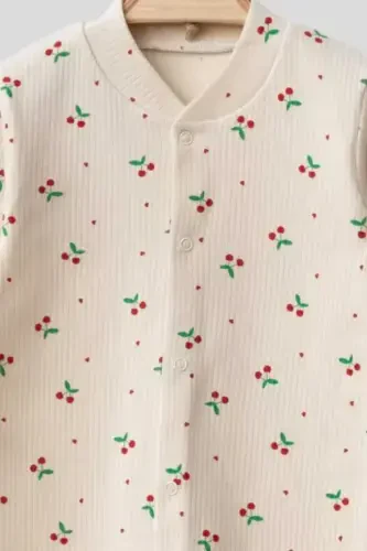 Крутой комбинезон для новорожденных девочек с вишневым принтом, 100% хлопок, эластичный, 1-3-6 месяцев - EKRU KİRAZLI - 6