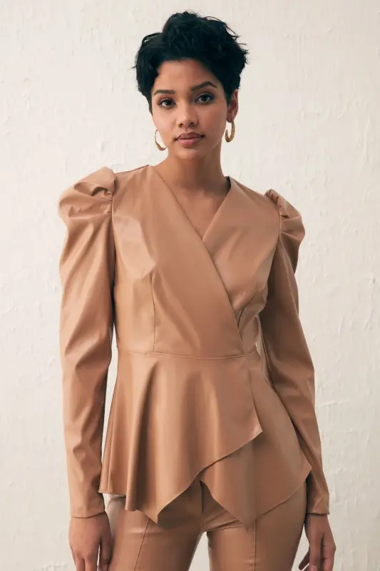 Kruvaze Deri Bluz - Camel - CAMEL - SATEEN
