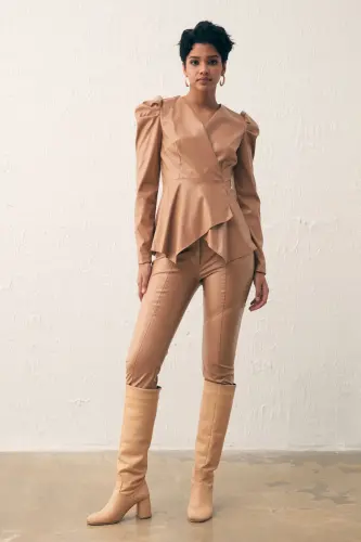 Kruvaze Deri Bluz - Camel - CAMEL - 3