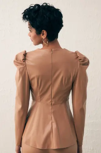 Kruvaze Deri Bluz - Camel - CAMEL - 4