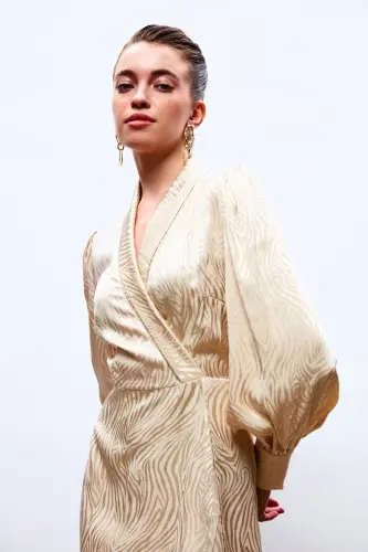 Kruvaze Desenli Uzun Elbise - Bej-BEJ - 4