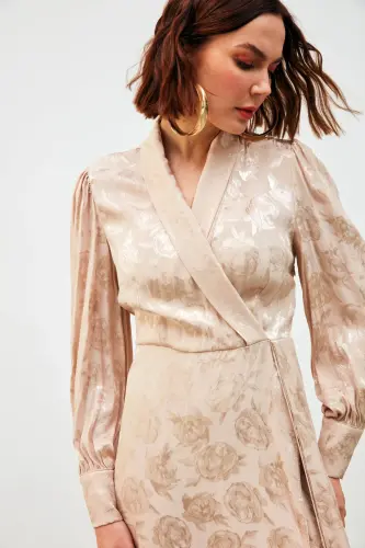 Kruvaze Desenli Uzun Elbise - Bej-BEJ - SATEEN (1)