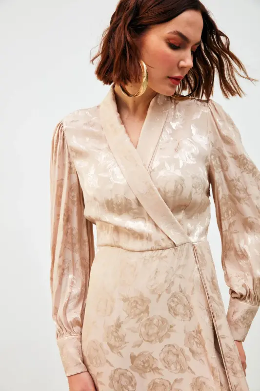 Kruvaze Desenli Uzun Elbise - Bej-BEJ - 2