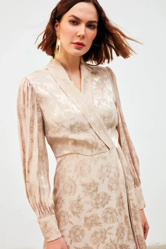 Kruvaze Desenli Uzun Elbise - Bej-BEJ - 5